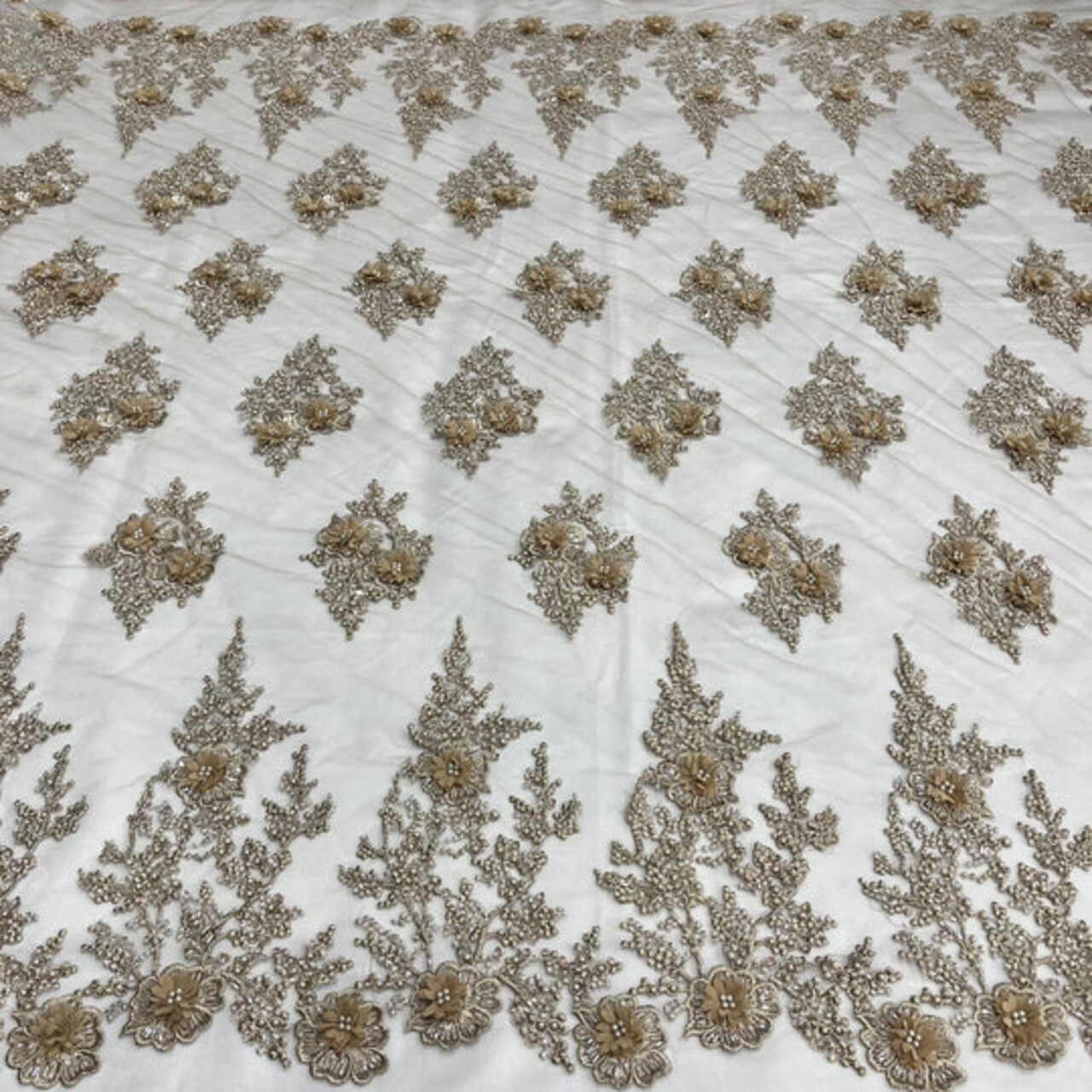 1 Yard Silver Beaded 3D Floral Lace Fabric Embroidered on Polyester Net Mesh Couture 52 Inch Width
